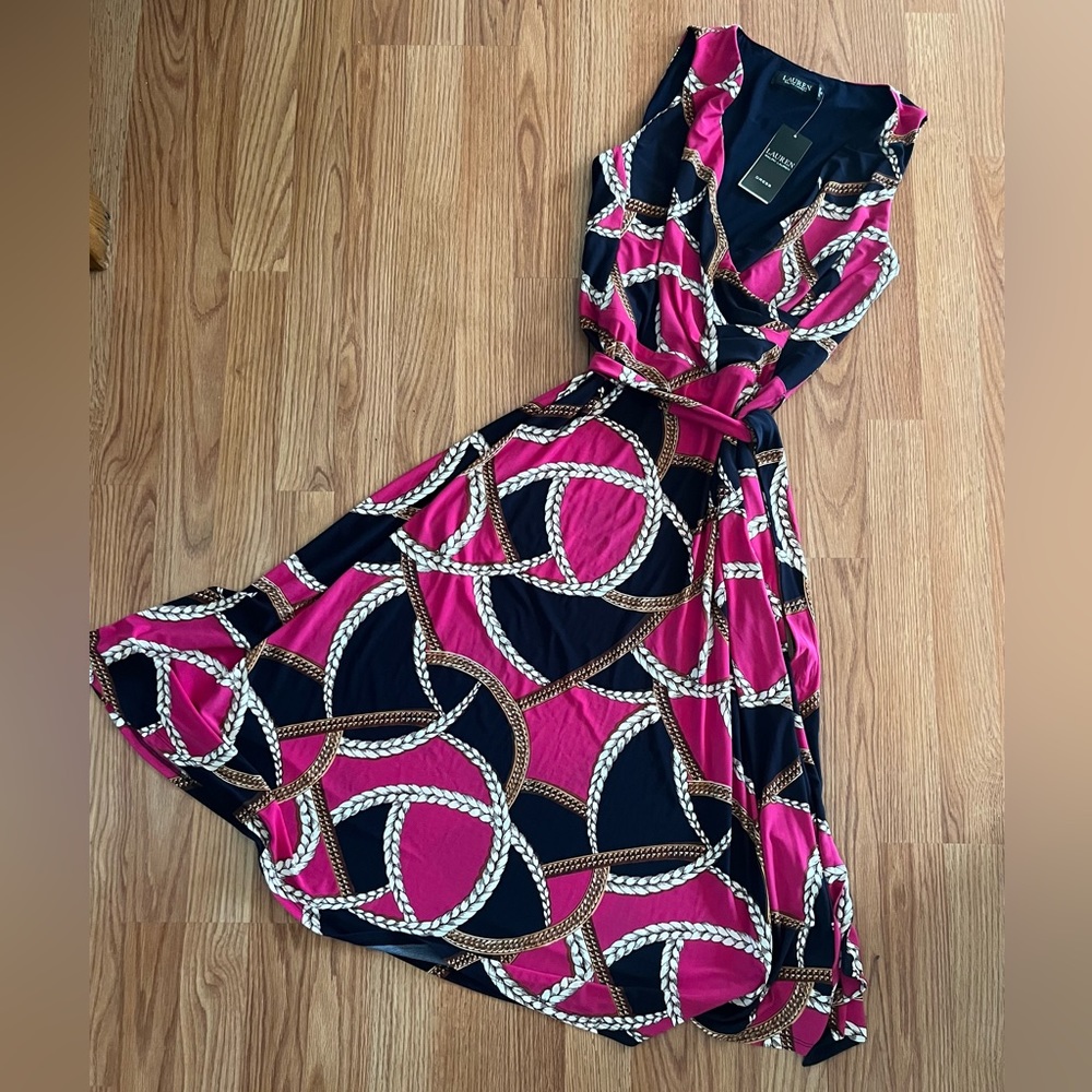 Ralph Lauren dress, NWT, Navy/fuchsia with gold & white chain pattern. Size 8.